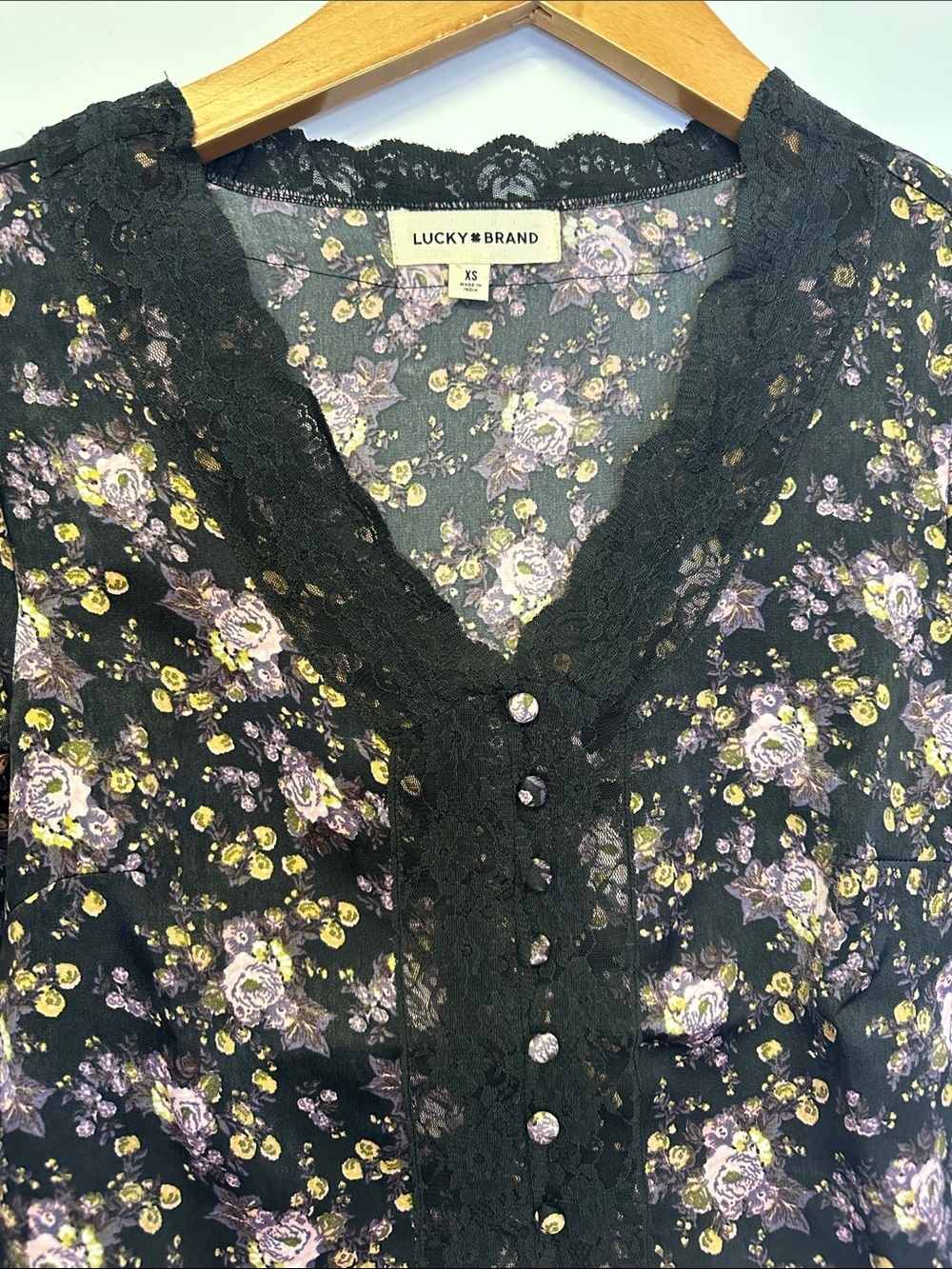 Lucky Brand Black Floral Lace-Trim Button Front Blouse - Picture 3 of 8